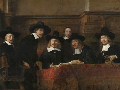 Rembrandt. The Sampling Officials of the Amsterdam Drapers’ Guild, known as ‘The Syndics’, about 1662. Oil on canvas, 191.5 x 279 cm. Rijksmuseum, on loan from the City of Amsterdam. © Rijksmuseum, Amsterdam.